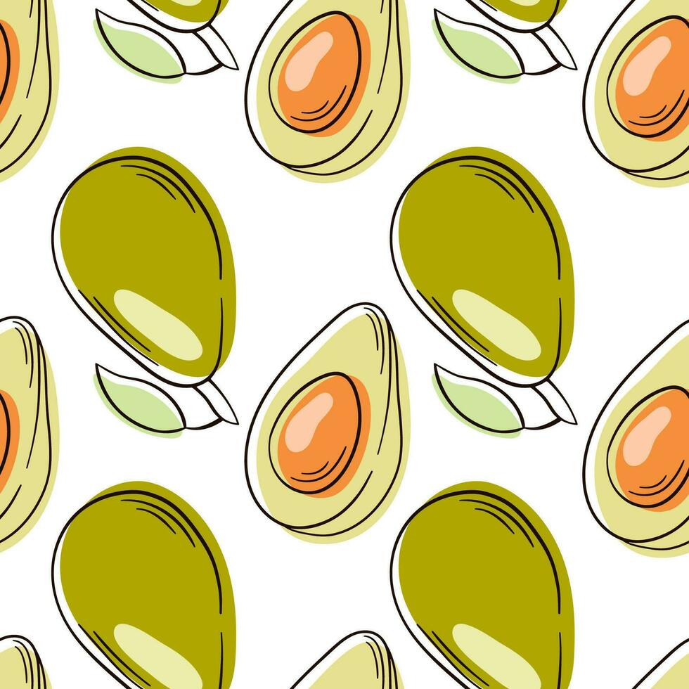 Avocado fruits seamless pattern hand drawn style. Sketch of a whole avocado, sliced and leaves. Avocado line art. vector