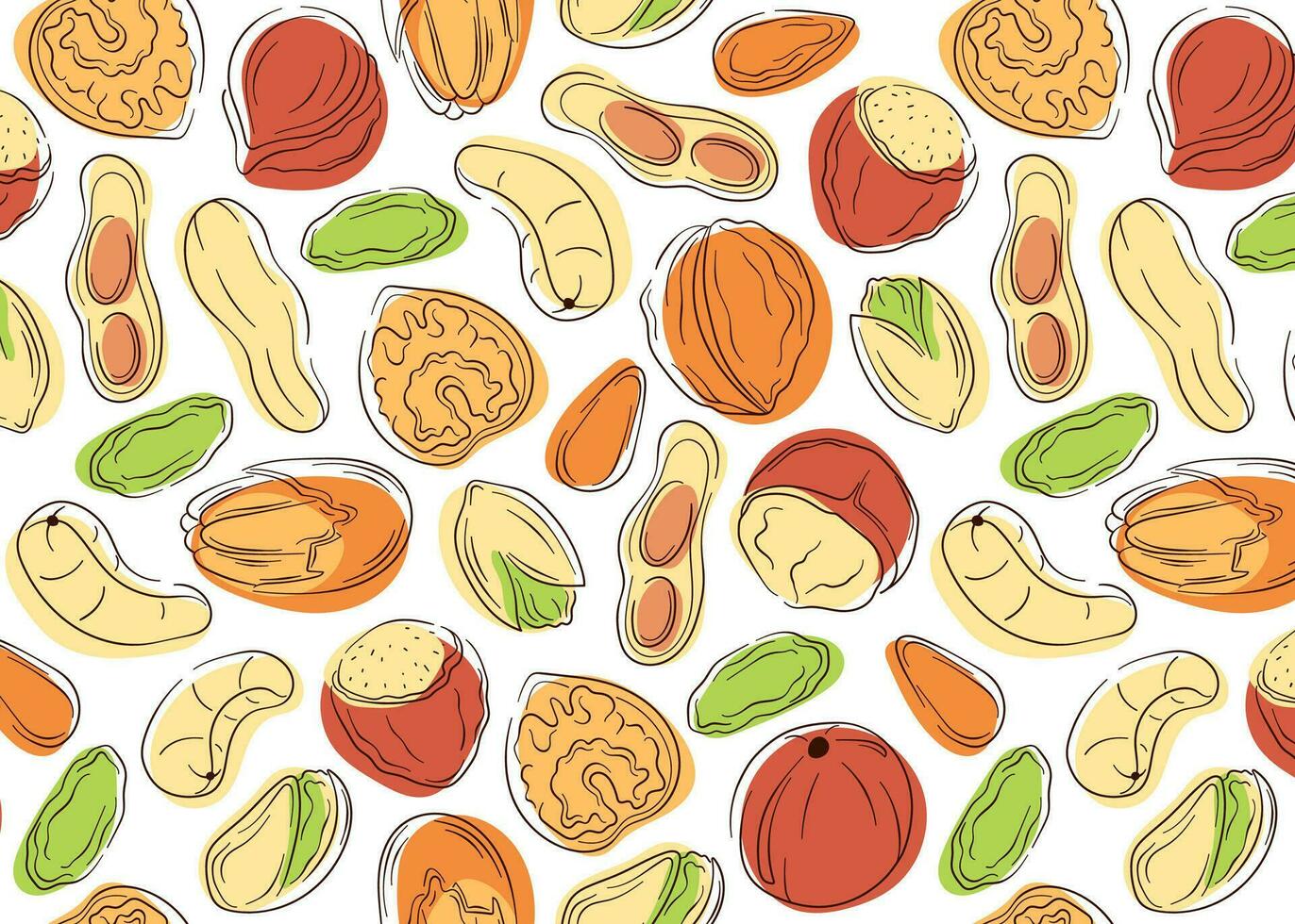 Nuts seamless pattern in line art, flat style. Pistachios, hazelnut, almond, cashew, walnuts, macadamia, peanut and pecan. Vector illustration on a white background.