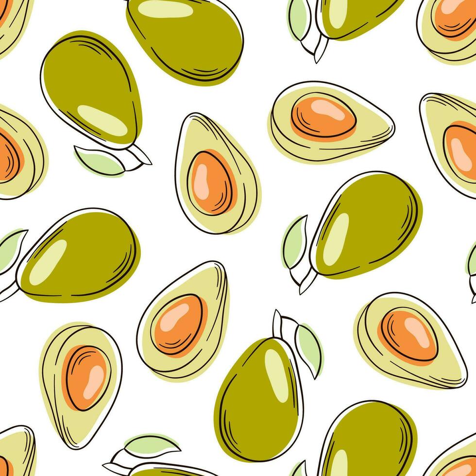 Avocado seamless pattern line art, flat style. Avocado one cut in half with bone on a white background. vector