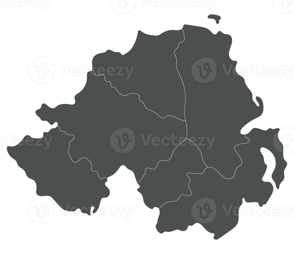 Northern Ireland map. Map of Northern Ireland divided into six main regions in grey color png