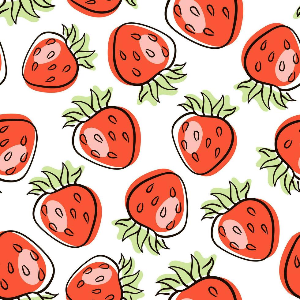 Strawberry outline line art style pattern. Vector Seamless bright pattern Strawberry doodle style fresh fruit healthy food.