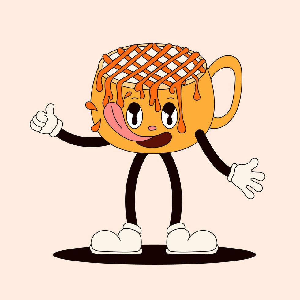 Groovy drink licking caramel character. Cup of coffee with dripping caramel. Vector illustration isolated on a peach background.