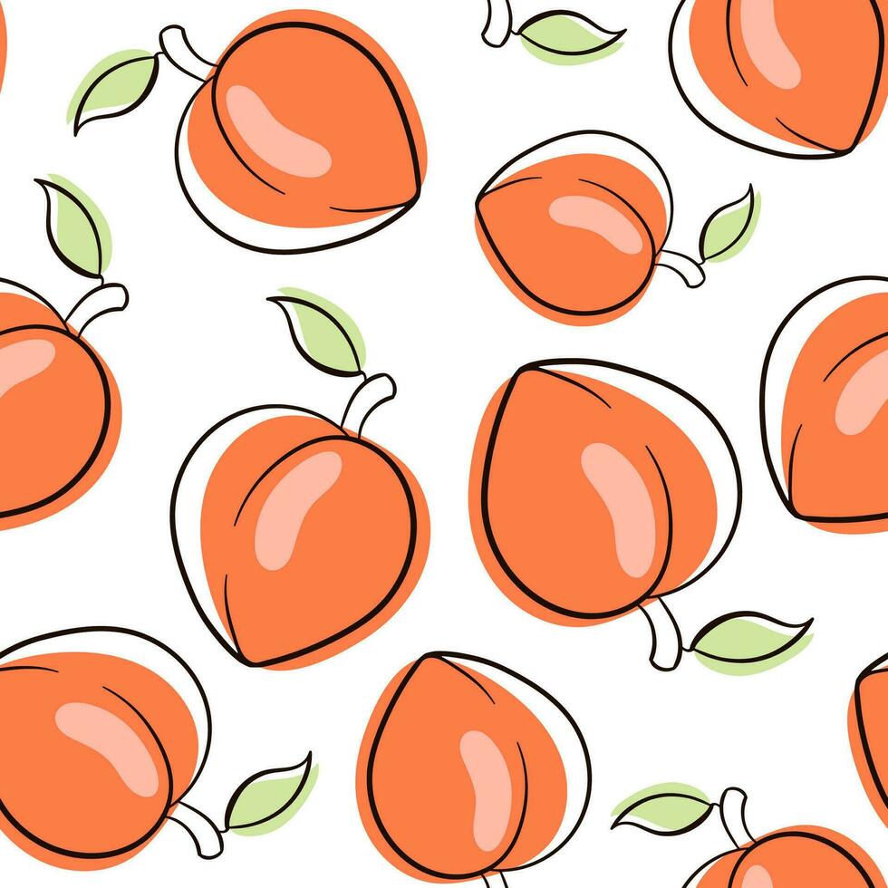 Peach pattern cartoon style. Peaches seamless pattern line art. Vector illustration.