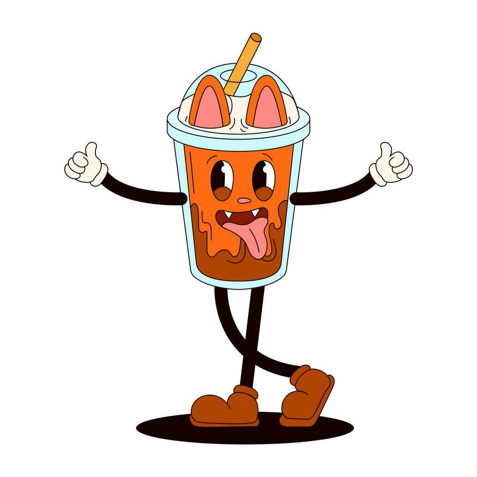 Groovy drink character shows thumbs up. Vintage cat character in doodle style. Vector illustration isolated on a white background.