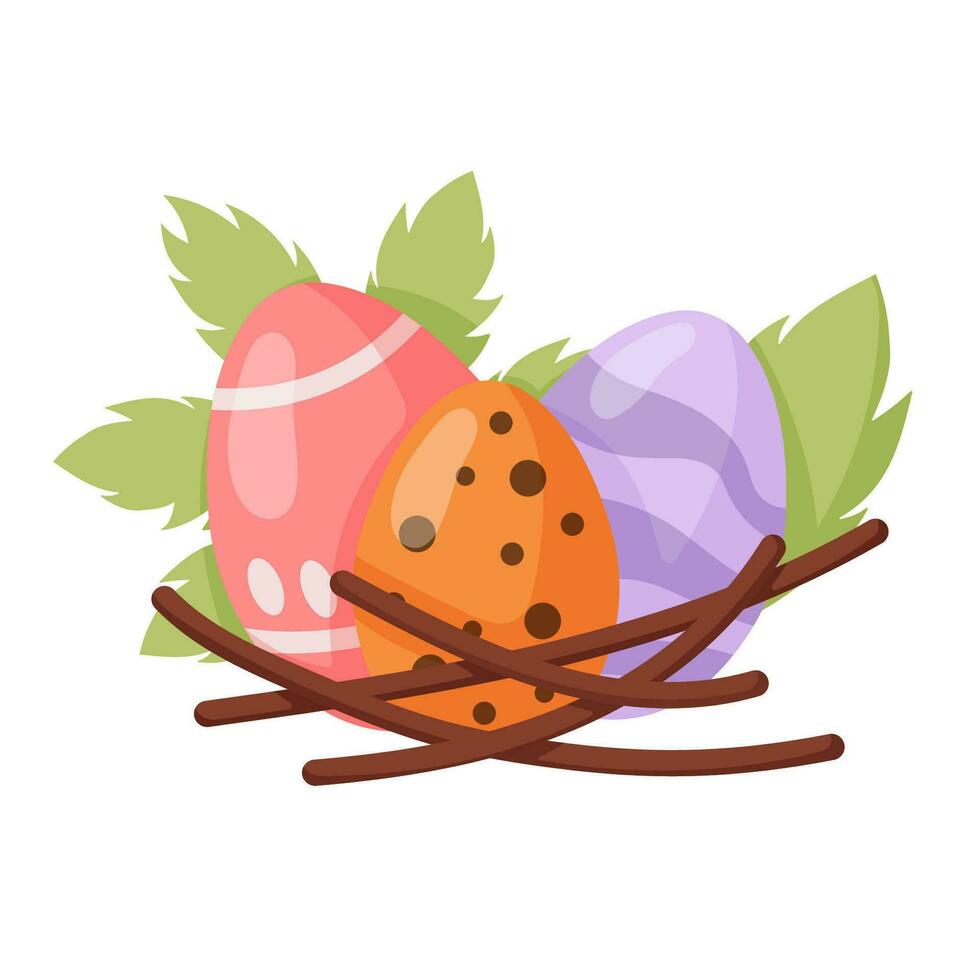 Sspring easter eggs in nest. Nest with eggs cartoon on white background. Cute Easter nest with eggs, vector design.