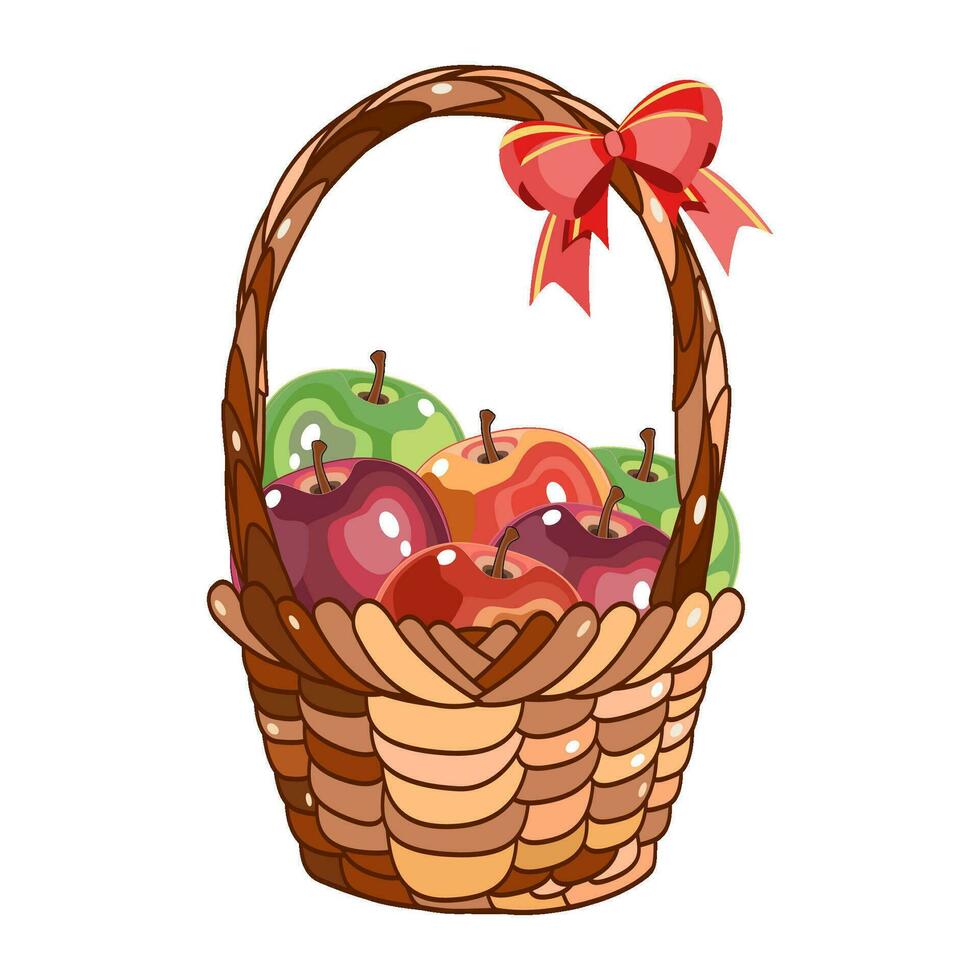 Apples in basket with bow decoration vector