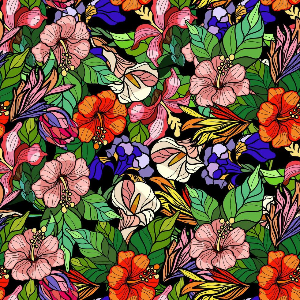 Seamless pattern with flowers in stained glass technique vector