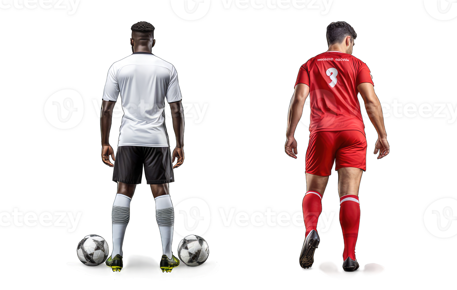AI generated soccer player in white and red uniform with ball standing on transparent background png