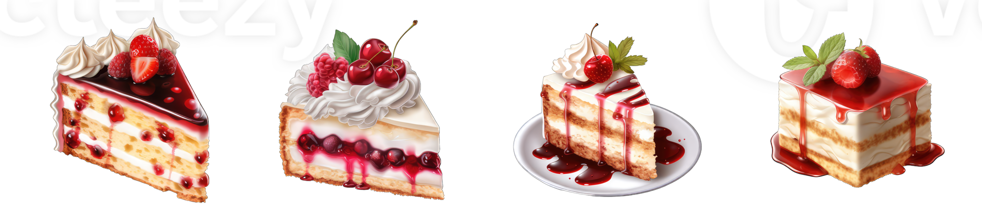 AI generated set of delicious strawberry cake with fresh strawberries isolated on transparent background png