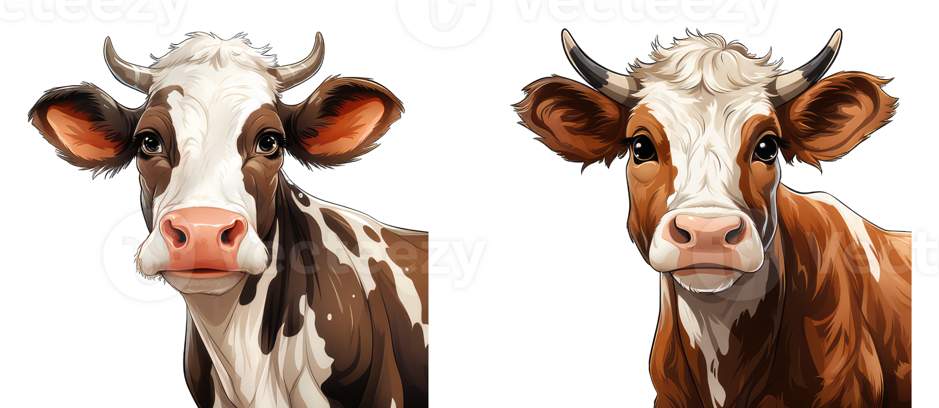 AI generated set of cow looks directly into the camera isolated on a transparent background png
