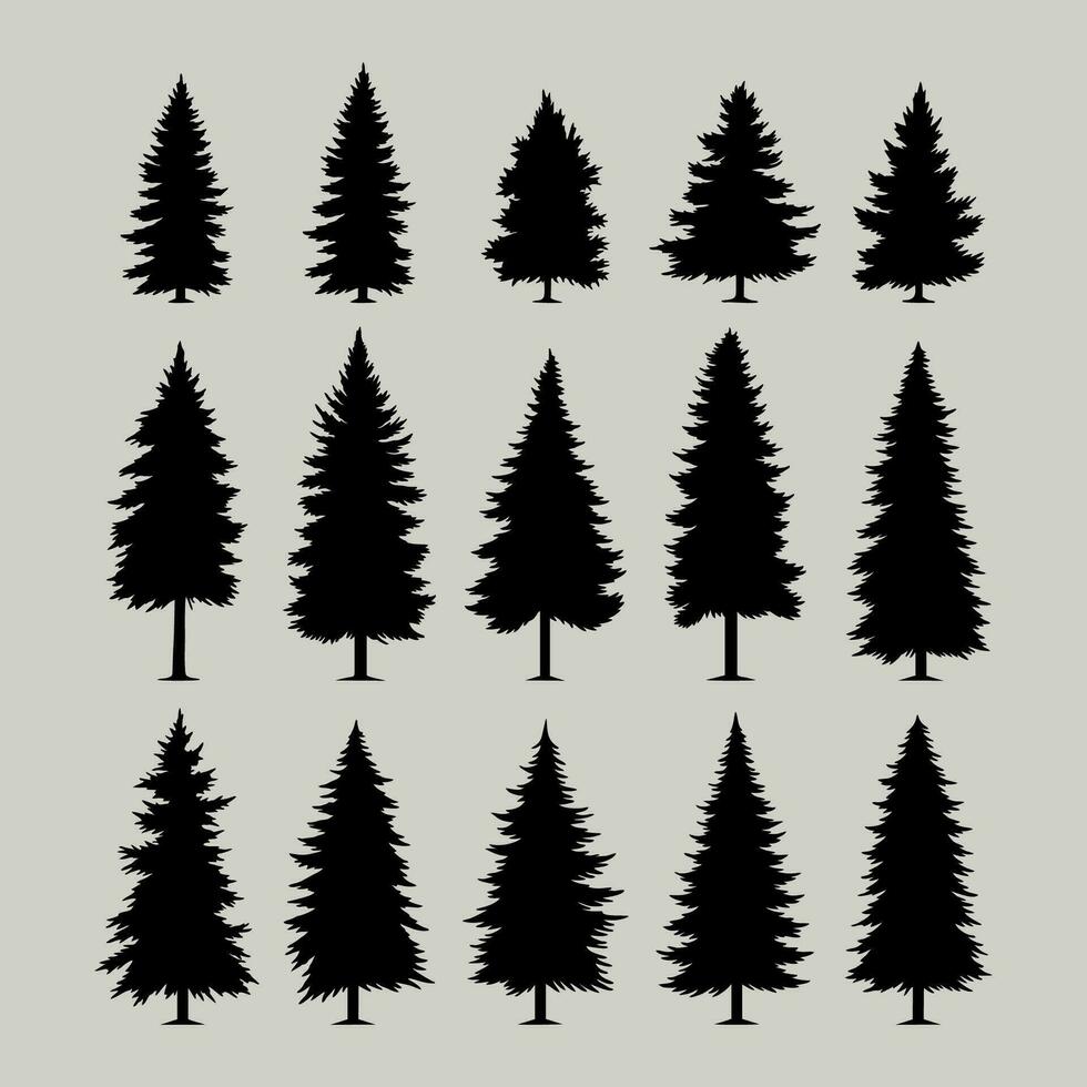 Vintage trees and forest silhouettes set, black pine woods design on white background vector