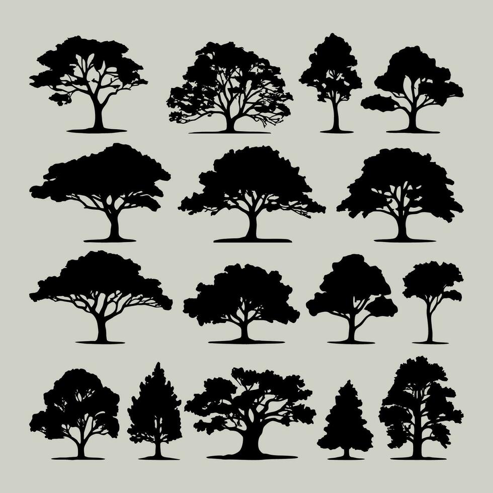 Vintage trees and forest silhouettes set, flat icon design vector on white background