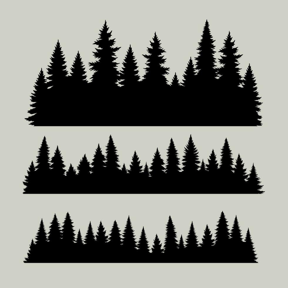 Vintage trees and forest silhouettes set, black pine woods design on white background vector