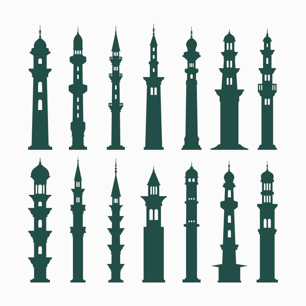islámico mezquitas torre siluetas vector ilustración, Ramadán antecedentes plano estilo