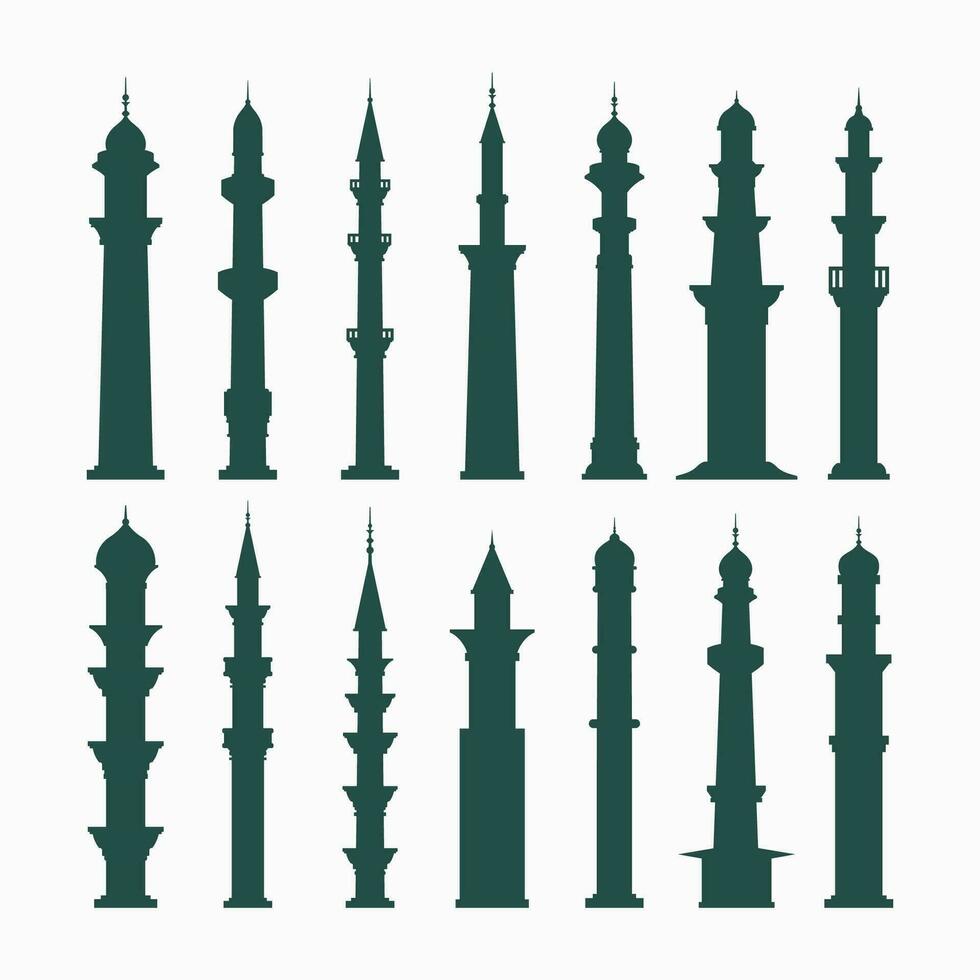 islámico mezquitas torre siluetas vector ilustración, Ramadán antecedentes plano estilo