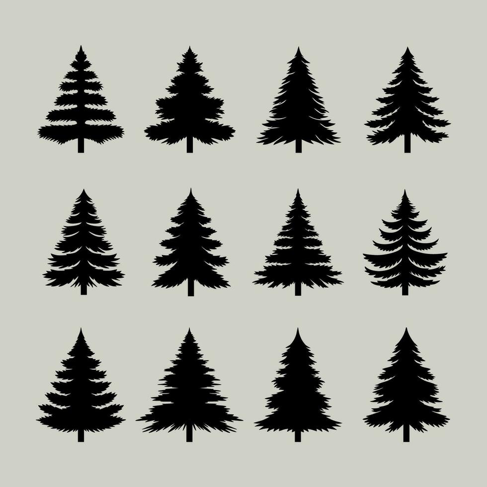Vintage trees and forest silhouettes set, black pine woods design on white background vector