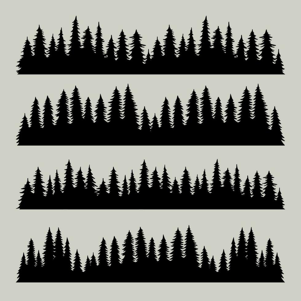 Vintage trees and forest silhouettes set, black pine woods design on white background vector
