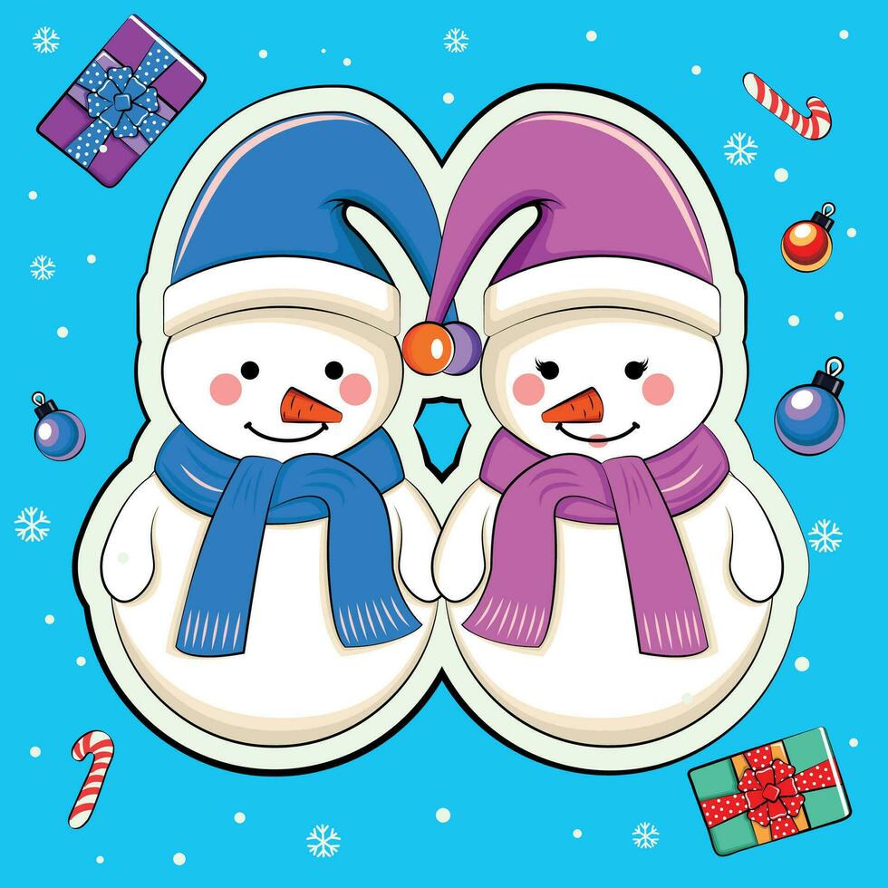 New Year, Christmas card, stickers with cute snowmen in cartoon style. vector