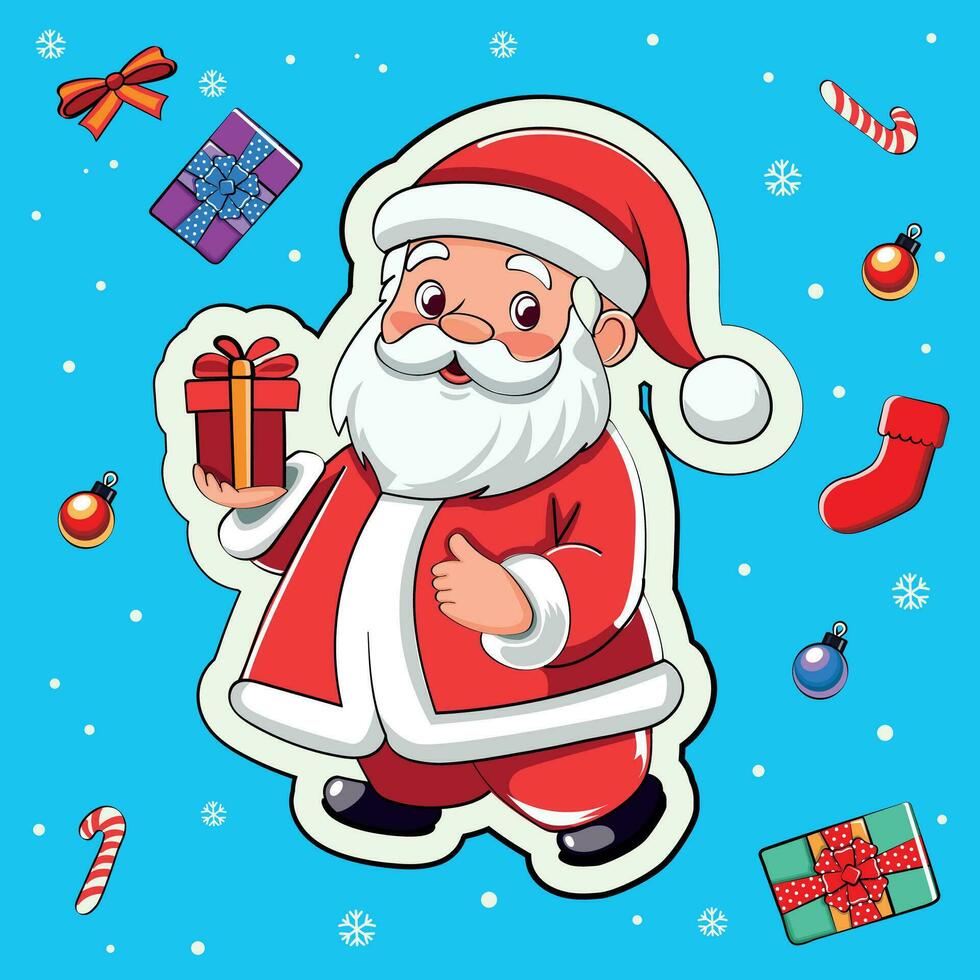 New Year, Christmas card, stickers with cute santa claus in cartoon style. vector