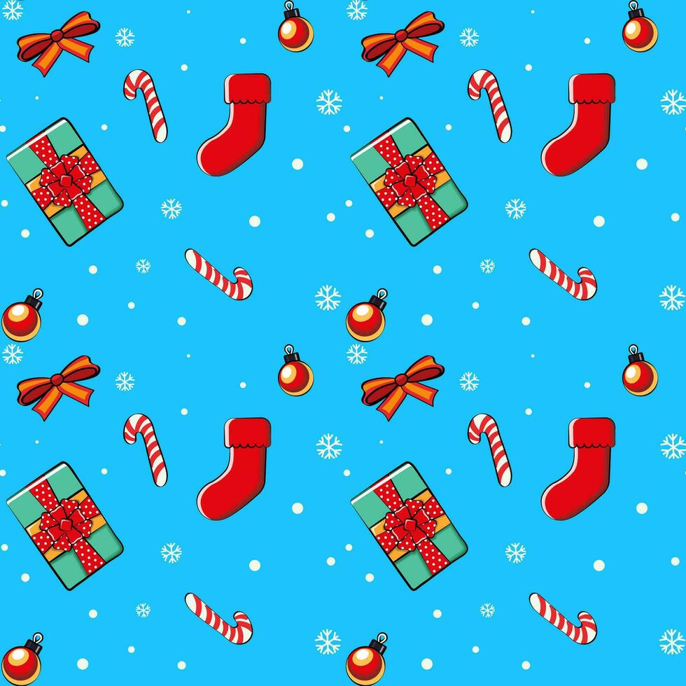 New Year, Christmas, snowflake pattern with gifts, lollipops, snowflakes in cartoon style. vector
