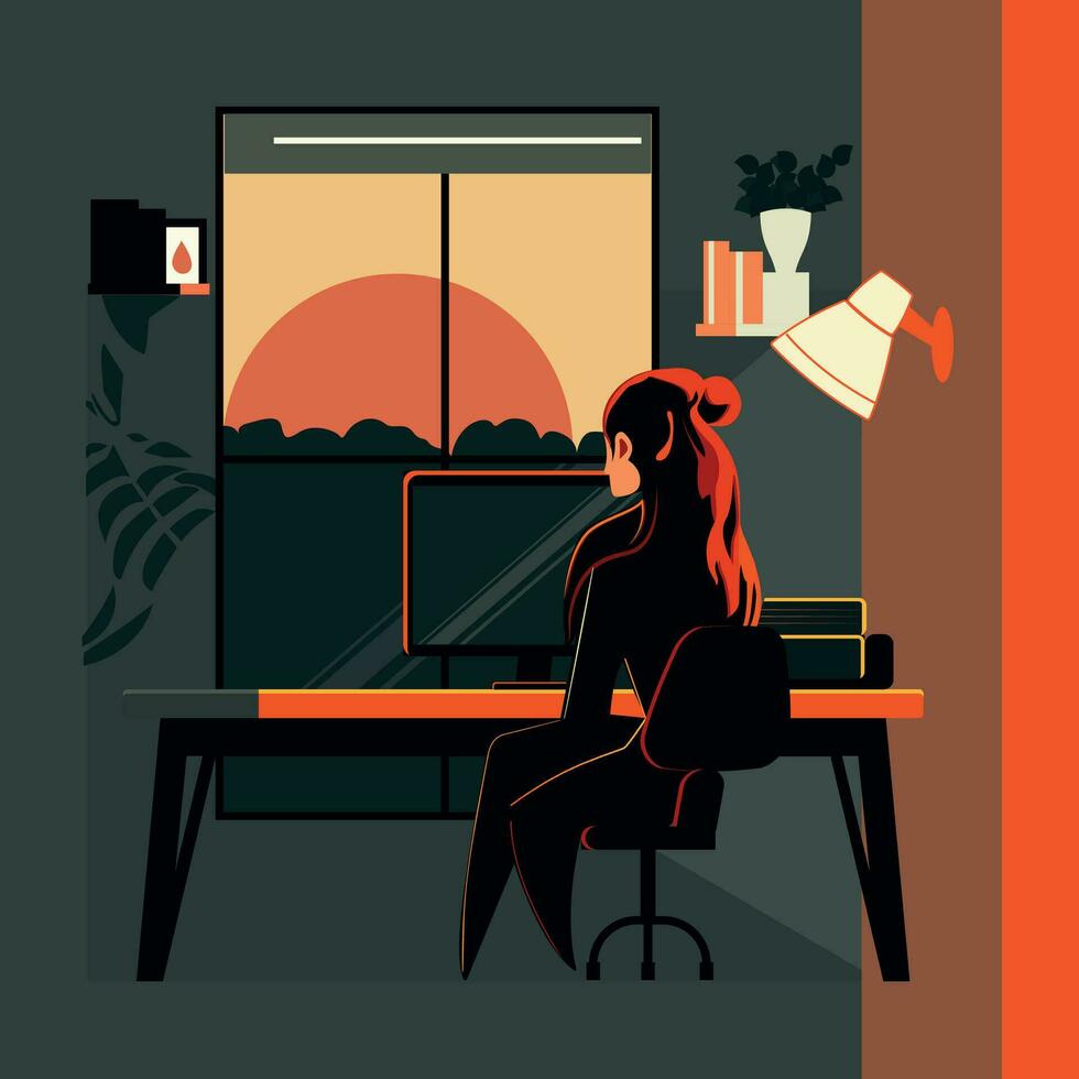 An illustration of a girl working at a computer. vector