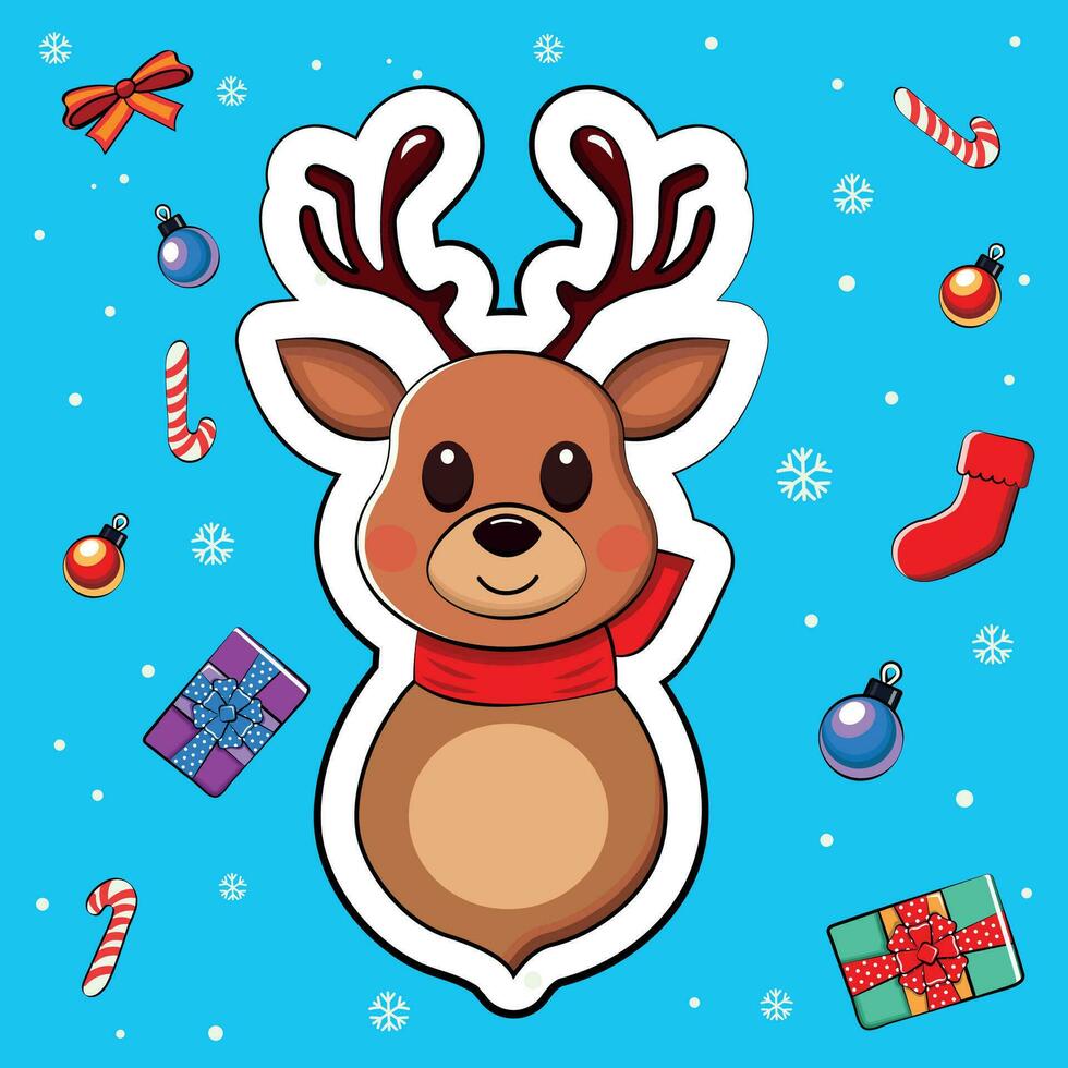 New Year, Christmas card, sticker with cute reindeer in cartoon style. vector