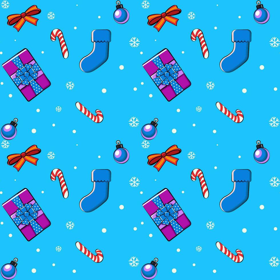 New Year, Christmas, snowflake pattern with gifts, lollipops, snowflakes in cartoon style. vector
