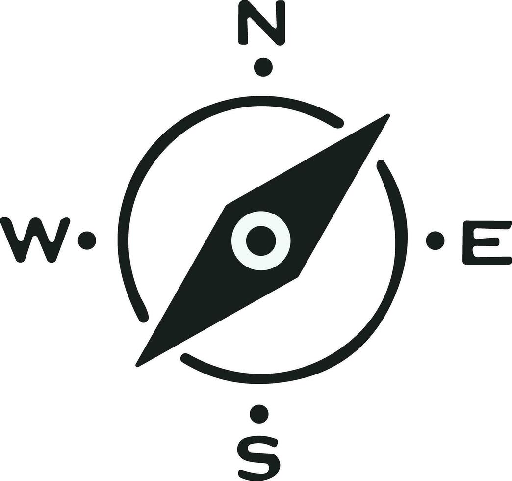 Compass icon. Monochrome navigational compass with cardinal directions of North, East, South, West. Geographical position, cartography and navigation. Vector