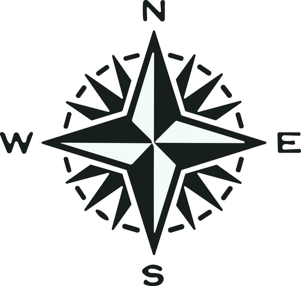 Compass icon. Monochrome navigational compass with cardinal directions of North, East, South, West. Geographical position, cartography and navigation. Vector