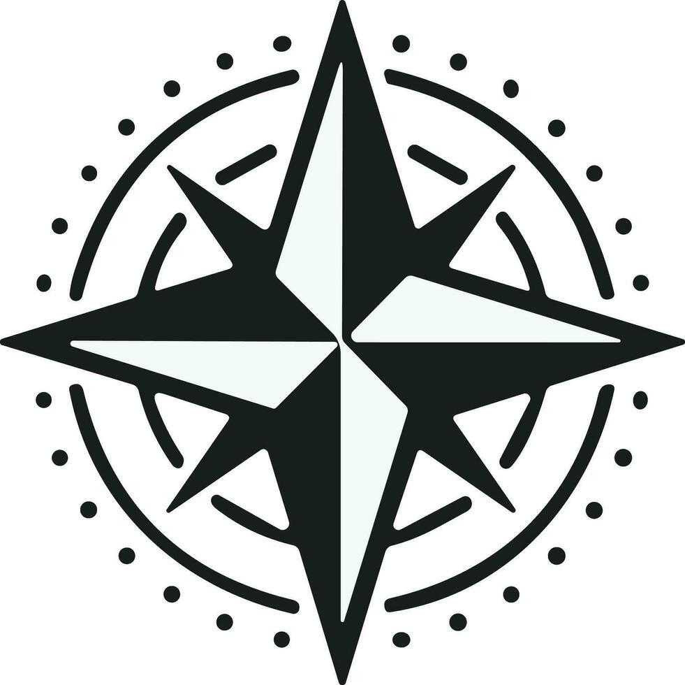 Compass icon. Monochrome navigational compass with cardinal directions of North, East, South, West. Geographical position, cartography and navigation. Vector