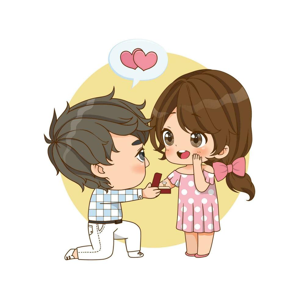 Valentine day with cute couple cartoon in love, man proposing to the woman kneeling vector illustration