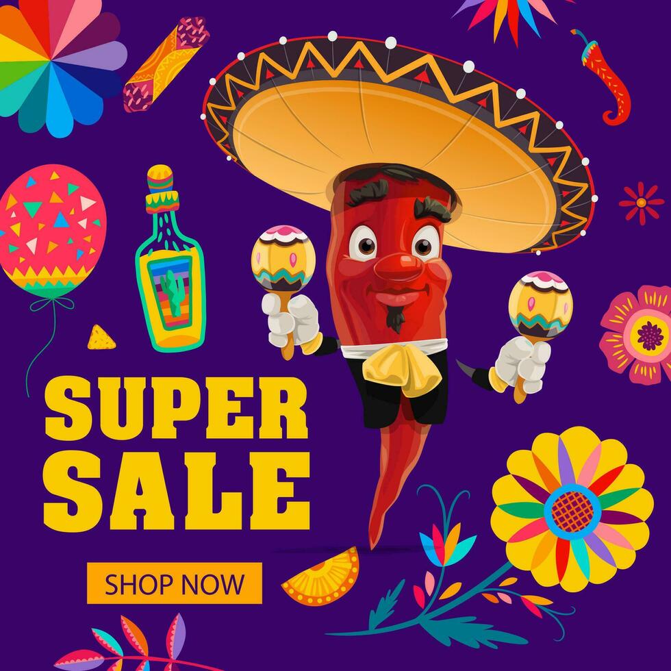 Mexican holiday super sale banner, chili mariachi vector