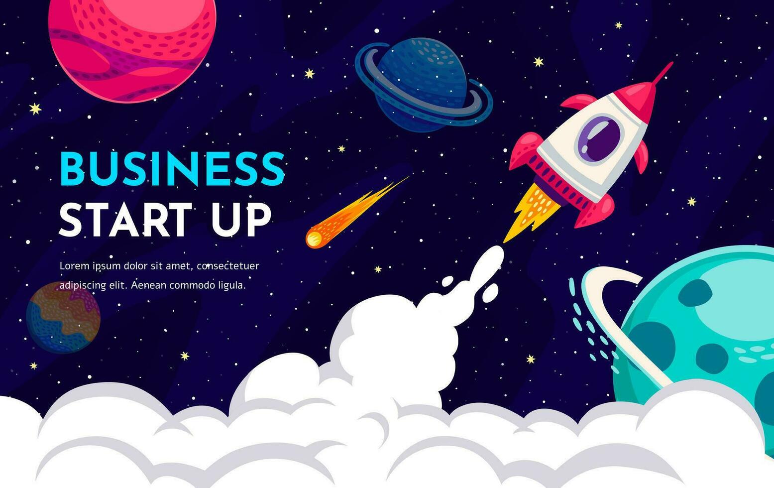 Business start up banner, rocket launch to space vector