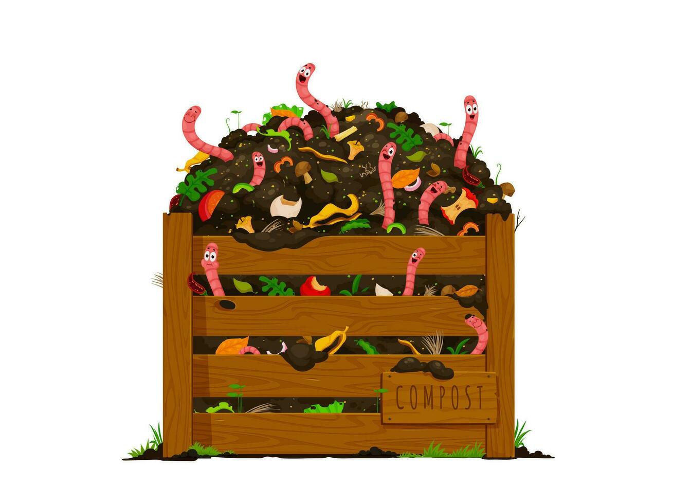 Funny earth worms in wooden compost box with soil vector