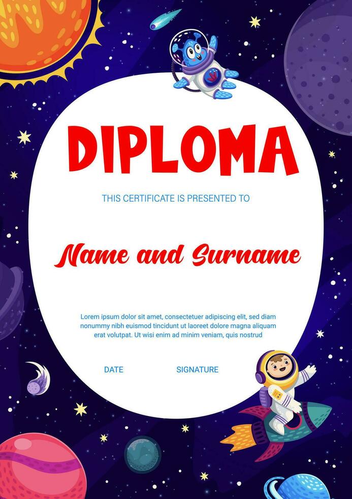 niños diploma. dibujos animados espacio, extraterrestre y astronauta vector