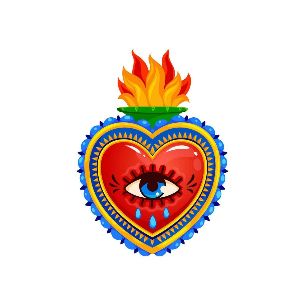 Mexican sacred heart, burning flame and crying eye vector