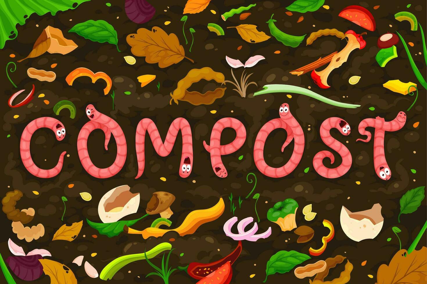 dibujos animados tierra gusano caracteres, compost suelo humus vector