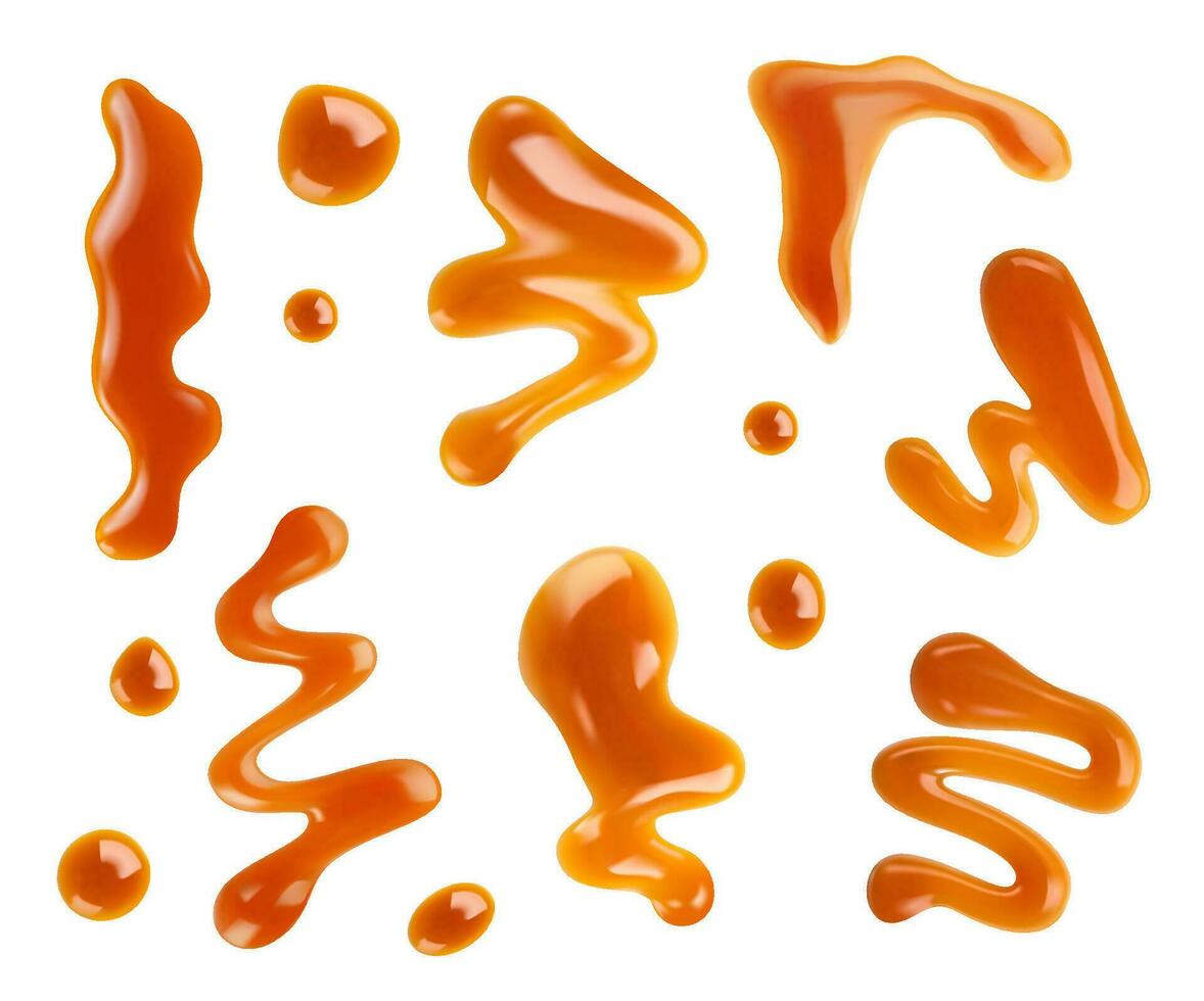 Caramel syrup swirl splash, drip and stains 3d set vector
