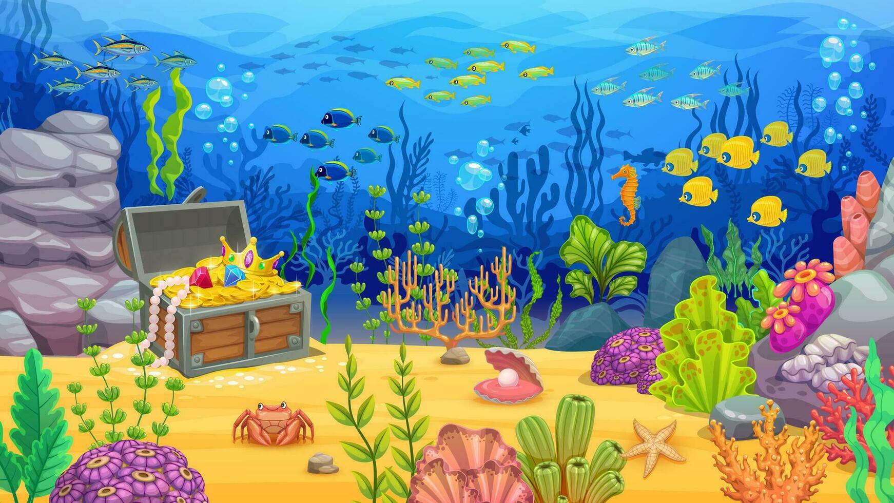 Cartoon underwater landscape. Treasure chest, fish vector