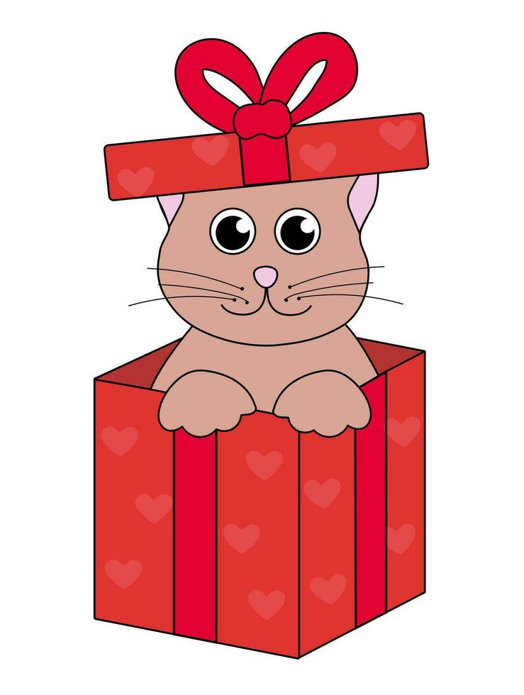 Cartoon Valentine day Cat character. Cute Kitten in red gift box with hearts. Vector flat illustration.