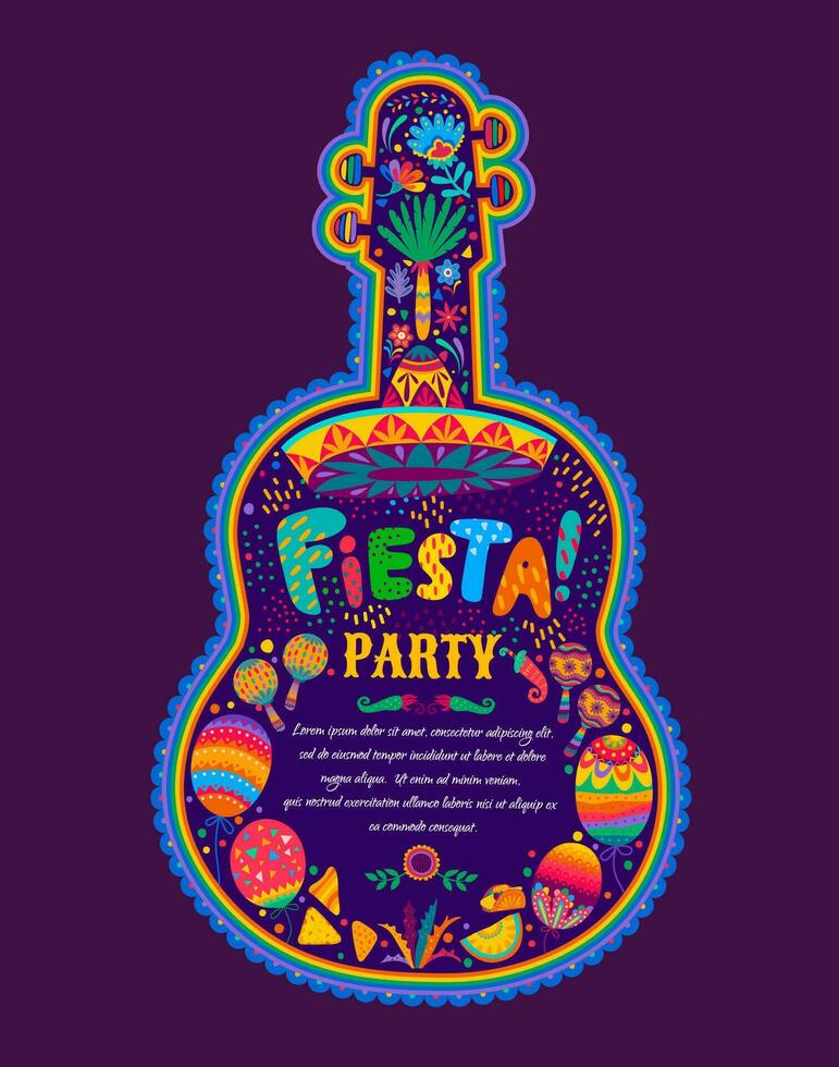 Mexican fiesta party flyer with guitar, flowers vector