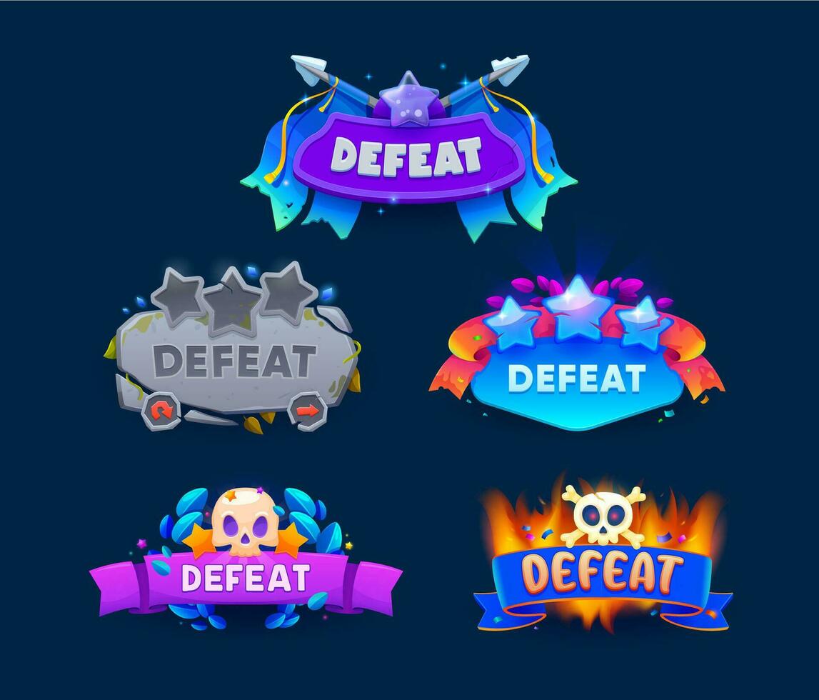 Defeat game badges and shields for game fail UI vector