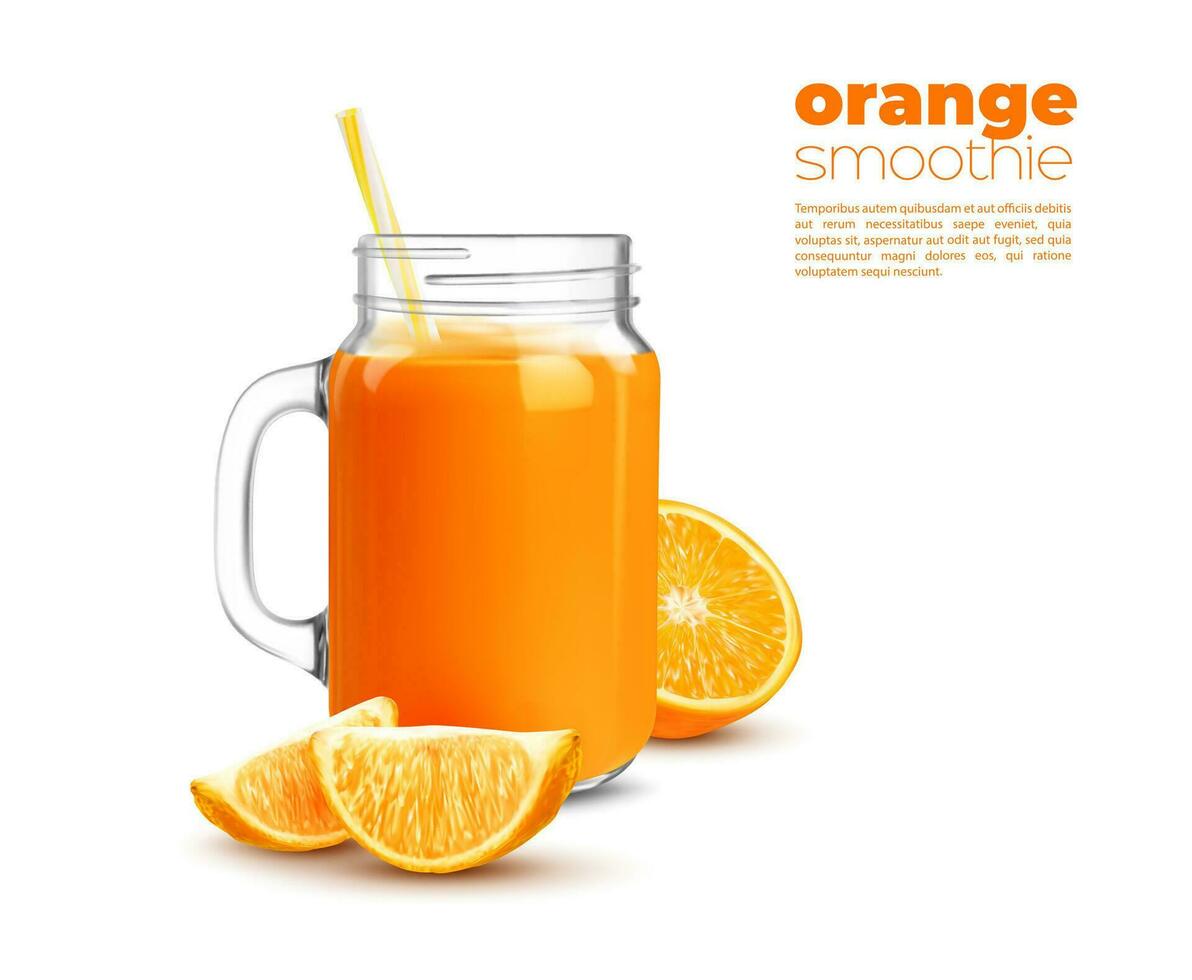 Orange smoothie or juice, fruit vitamin drink jar vector