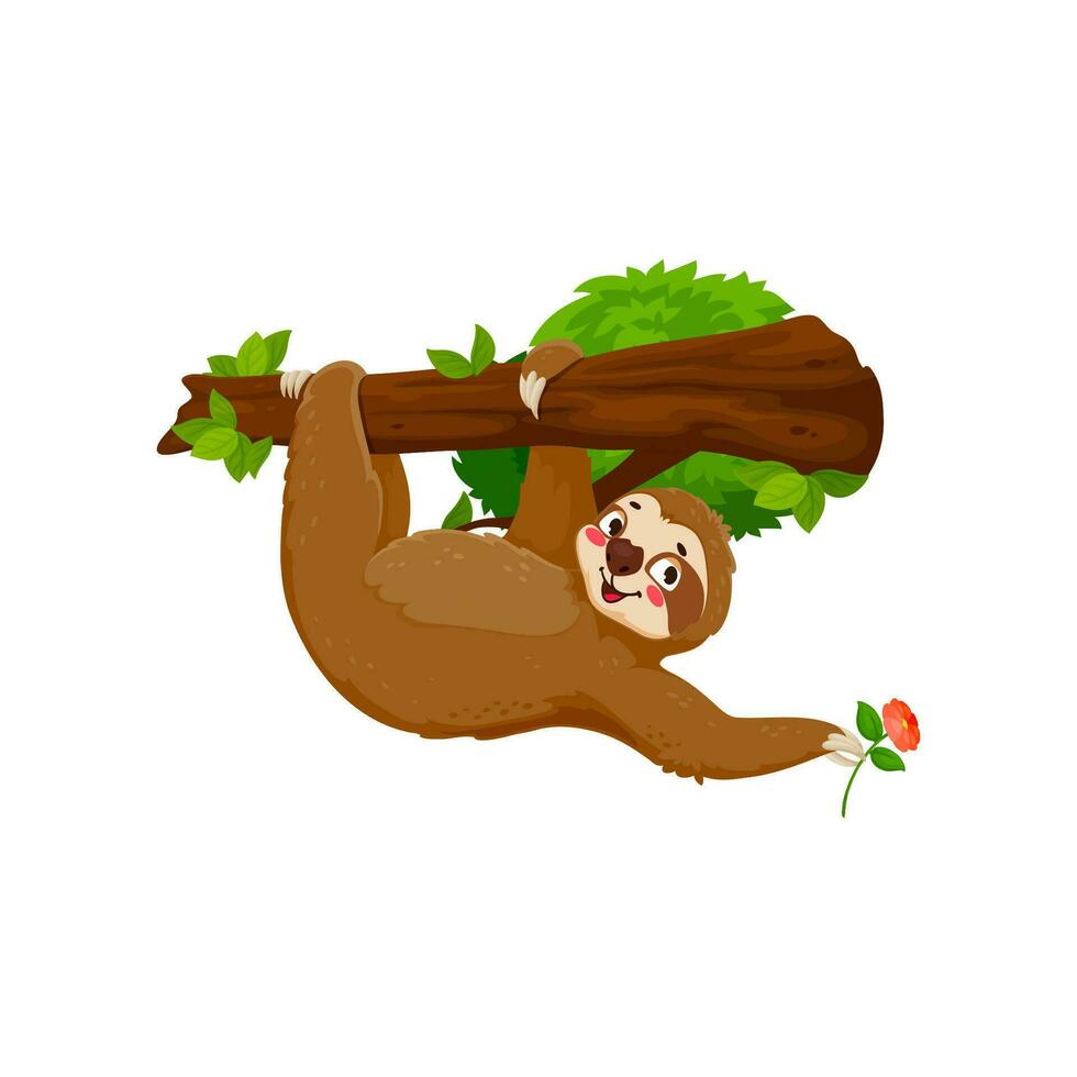 Cartoon funny sloth character hanging from tree vector