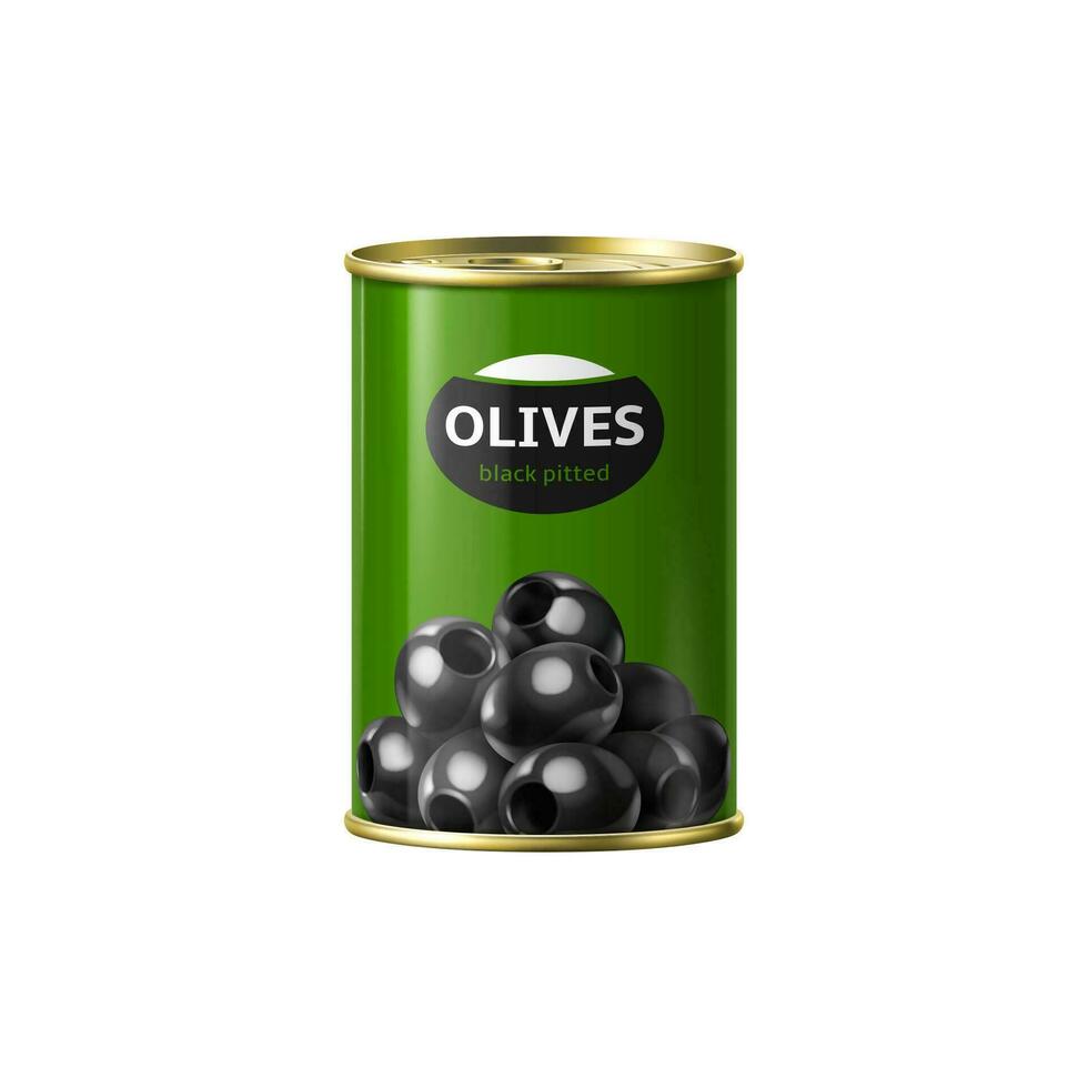 Realistic black olive can. Isolated 3d vector