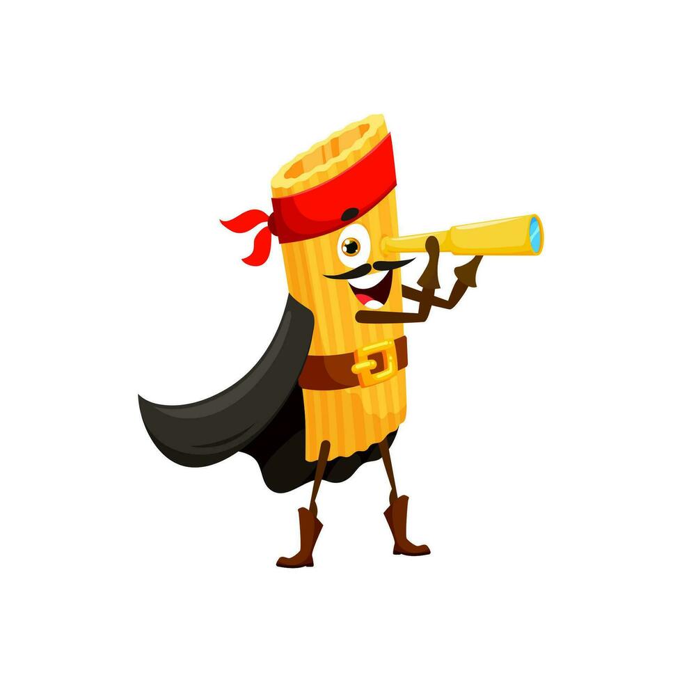 Cartoon funny penne pasta pirate with spyglass vector