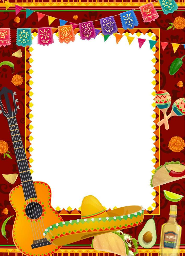 mexicano fiesta marco, sombrero, guitarra, maracas vector