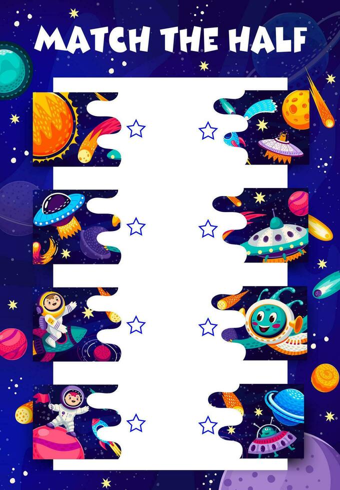 Match the half of cartoon space characters game vector