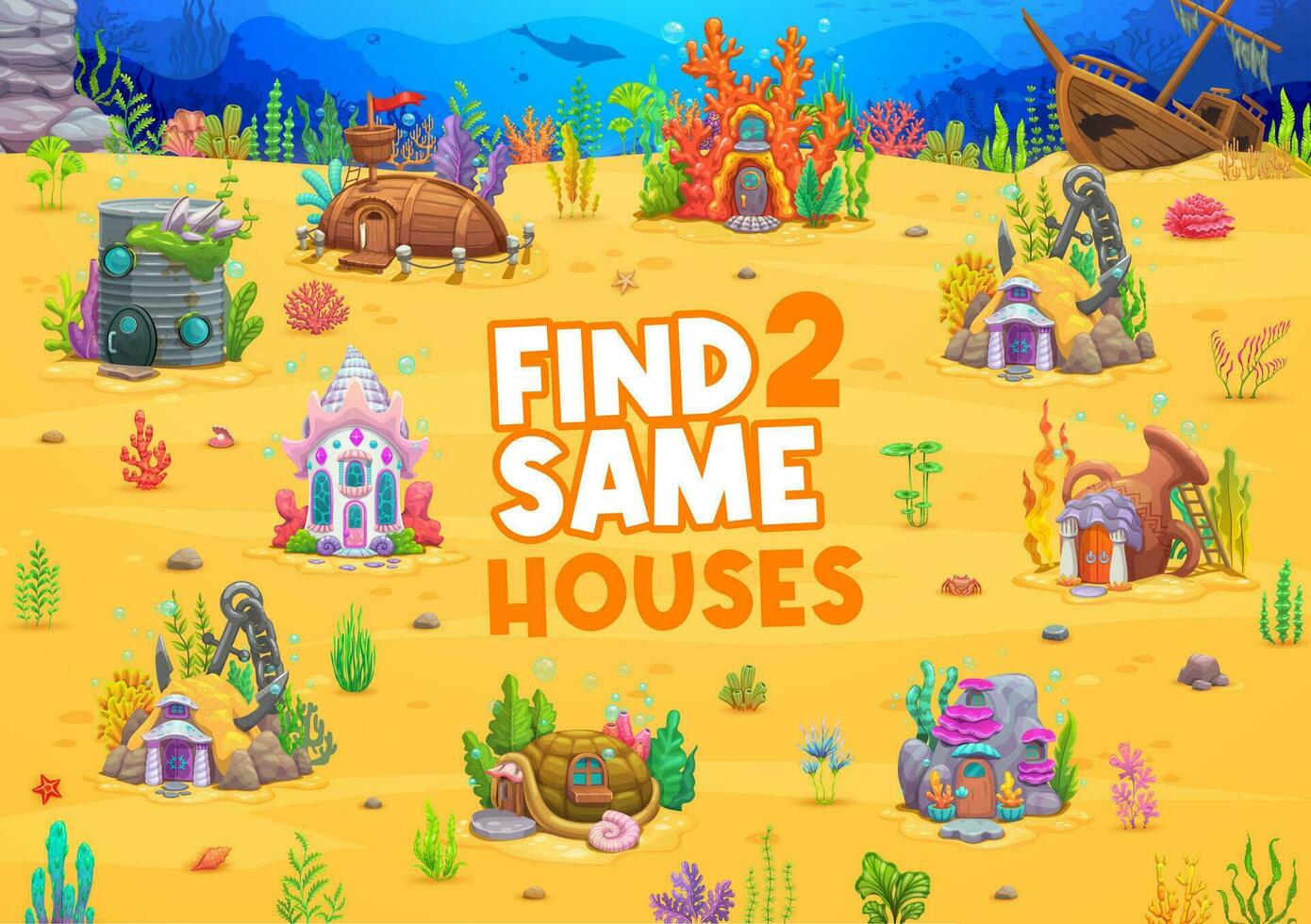 Find two same house buildings in sea underwater vector