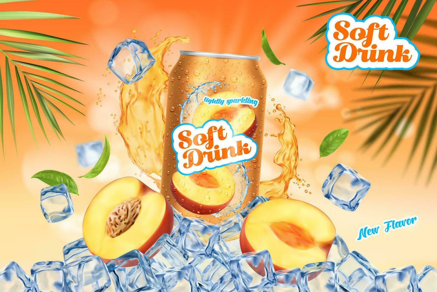 Peach tea drink can, fruit juice ice cubes splash vector